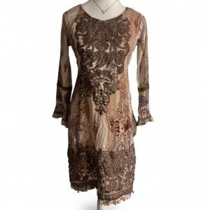 Haniya Designer Cottage Core - Fairy Tan & Brown Beaded Sequin Dress Size S